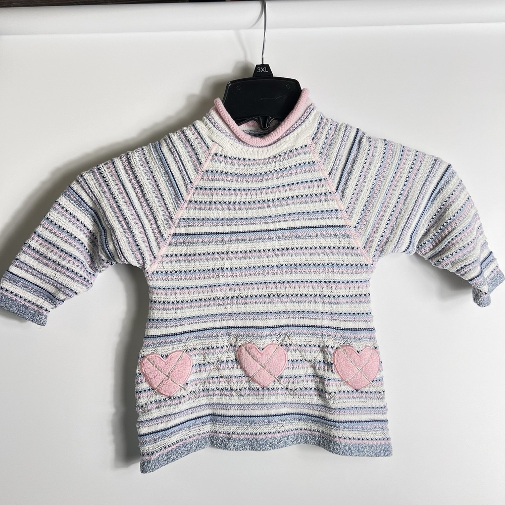 Vtg B.T. Kids Girls 2T Sweater Pastel Stripe Pink Heart Appliqué Pullover‎ Y2K
